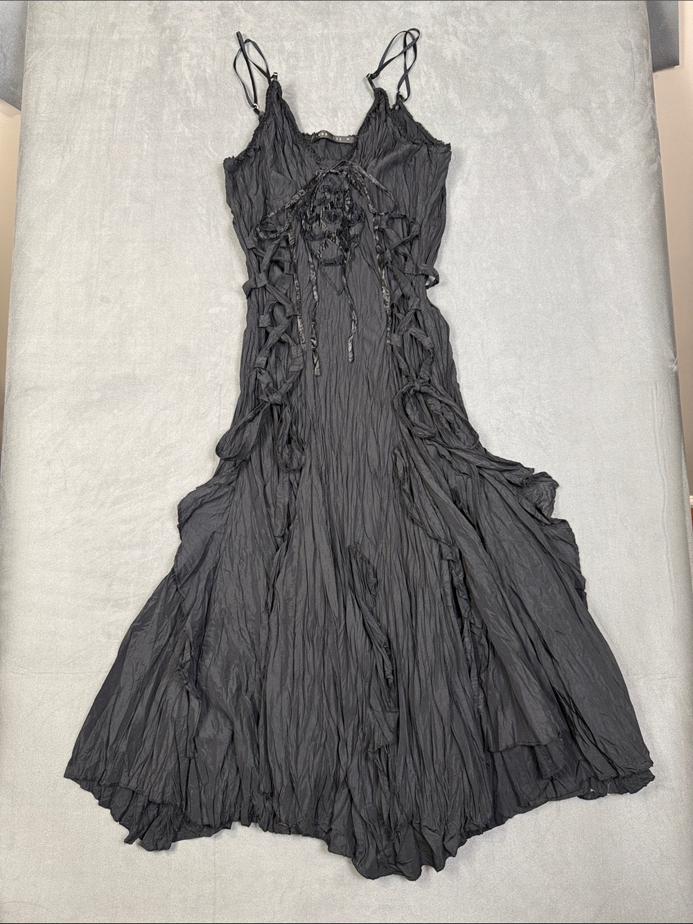 Luna Luz Black Crinkle Spaghetti-Strap Midi Dress, goth inspired!